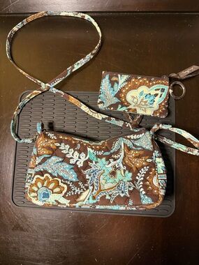Vera Bradley Brown Floral Mini Crossbody with Teal and Cream Paisley